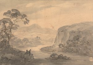 Bjerget landskab med to figurer med udsigt over en sø af Rev. William Gilpin