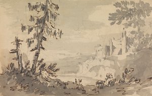 Fyrretræer og slot i et landskab af Rev. William Gilpin