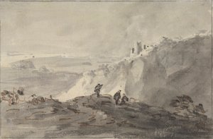 Tre figurer i et kuperet landskab med ruiner, hinsides af Rev. William Gilpin