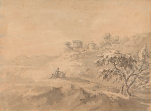 To mænd i et landskab og et slot på en bakke af Rev. William Gilpin