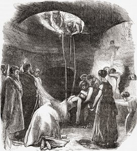 En tidlig kristen begravelse i katakomberne i Rom, Italien. Fra Italian Pictures af Rev. Samuel Manning, udgivet ca. 1890. af Reverend Samuel Manning