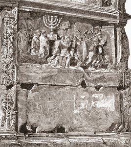 Basrelief af det sydlige panel "Krigsbyttet", der viser triumftoget, på Titusbuen, Via Sacra, Forum Romanum, Rom, Italien. Fra Italian Pictures af Rev. Samuel Manning, udgivet ca. 1890. af Reverend Samuel Manning