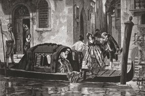Passagerer stiger ud af en gondol på Canal Grande i Venedig, Italien, i slutningen af det 19. århundrede. Fra Italian Pictures af Rev. Samuel Manning, udgivet ca. 1890. af Reverend Samuel Manning