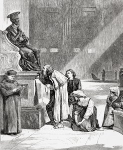 Folk kysser fødderne på statuen af Sankt Peter inde i Peterskirken, Vatikanstaten, Rom i slutningen af det 19. århundrede. Fra Italian Pictures af Rev. Samuel Manning, udgivet ca. 1890.