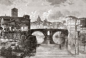 Pons Fabricius, eller Ponte dei Quattro Capi, og Tiberøen, Rom, Italien i slutningen af det 19. århundrede. Fra Italian Pictures af Rev. Samuel Manning, udgivet ca. 1890. af Reverend Samuel Manning