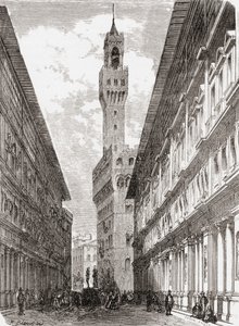 Uffizierne, Palazzo Vecchio og statuer på Piazza della Signoria, Firenze, Italien i slutningen af det 19. århundrede. Fra Italian Pictures af Rev. Samuel Manning, udgivet ca. 1890. af Reverend Samuel Manning