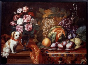 Stilleben med dværg spaniel. Maleri af Renaud Levieux sagde Reynaud Le Vieux (ca. 1625-1690)