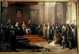 Columbus med de katolske konger (Isabella og Fernando) af... af Ricardo Balaca y Canseco
