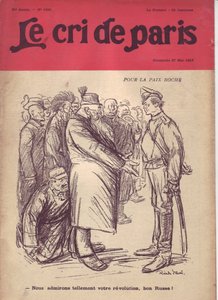 Illustration af Ricardo Flores (1878-1918) til forsiden af The Cry of Paris, 27/05/17 - For fred boche "Vi beundrer så meget din revolution, gode russer"" - Krigen 14 -18, Rusland, Tyskland Preussen , Russisk Revolution i 1917, Fred, Kops - Soldater, Civil