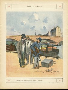 Illustration af Ricardo Flores (1878-1918) i Le Rire, 05/10/12 - Hos frisøren - Paris, Professioner, Arkitektur Byplanlægning, Bro, River River - Hund, Frisør