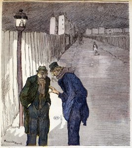 To mænd chatter i en uhyggelig gyde - tegning af Ricardon Florès