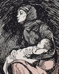 Juleaften. 1900. En mager kvinde med sit barn i armene (gravering) af Ricardo Maria Navarrete