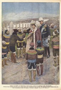 Kongen og Dronningen af Danmark, Alexandrine, til de grønlandske eskimoer (farve litho) af Riccardo Salvadori