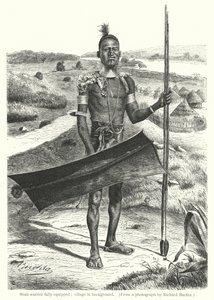 Shuli Warrior fuldt udstyret; Landsby i baggrunden (gravering) af Richard (after) Buchta