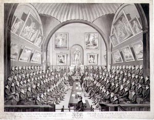 Overborgmesteren, rådmænd og byrådet i rådssalen Guildhall, London, graveret af Thomas Sutherland (f.o.1785), udgivet 1825 (litografi) af Richard (after) Dighton