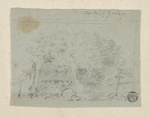 Skitse af træer nær broen (kul og grafit på blåt lagt papir, tippet på cremevævet papir) af Richard (attr.to) Wilson