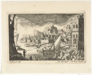 Bybillede med fiskerihavn og fortøjningsbåd Bylandskaber og havne (serietitel) af Richard Adam