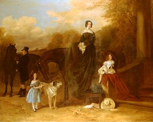 En familie med deres jægere og hunde uden for en herregård, 1841 af Richard Ansdell