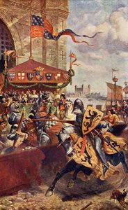 Højtidelig ridderkamp på London Bridge mellem David de Lyndsays og Lord John de Welles i 1390, illustration fra "Romance and Legend of Chivalry" af A. R. Hope Moncrieff
