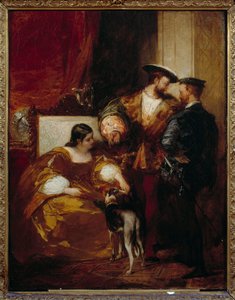 Francois I og hertuginden af Etampes. Anne de Pisseleu, hertuginde af Etampes, favorit hos Francois I (1508-1580). Maleri af Richard Bonington (1801-1828) Ec. Ang