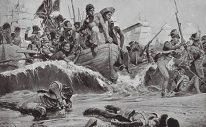 De britiske tropper gennemtvinger en landgang i Aboukir-bugten over for de franske batterier (litografi) af Richard Caton II (after) Woodville