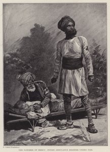 Farerne ved barmhjertighed, indiske ambulancebærere under beskydning (litho) af Richard Caton II (after) Woodville