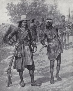 William Dampier med en indfødt mand under hans udforskning af Australien, slutningen af det 17. århundrede (litho)