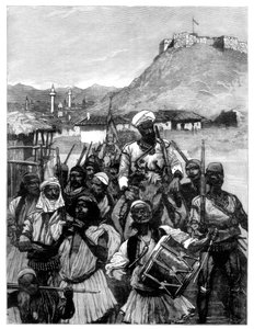 Albanere fra Scutari krydser Boyana for at besætte Dulcigno, 1880.