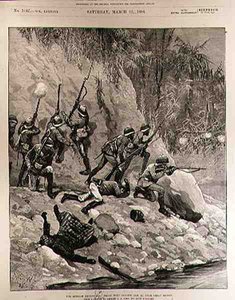 The Burmah Expedition: Fight with Dacoits, 12. januar, nær Shoay Green, fra The Illustrated London News, 13. marts 1886 af Richard Caton II Woodville