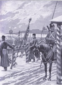 En kosakstation i Manchuriet med stammeskilte over herrehytterne, illustration fra Cassells History of the Russo-Japanese War Vol 1, ca. 1900 af Richard Caton Woodville