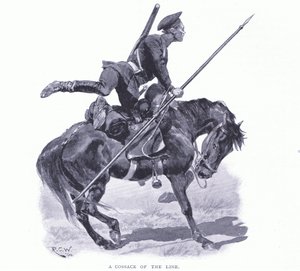 En kosak af linjen, illustration fra Cassells History of the Russo-Japanese War Vol 1, ca. 1900 af Richard Caton Woodville