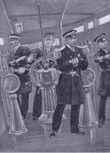 Admiral Togo i Conning Tower på sit flagskib, dirigerer en flådeaktion, illustration fra Cassells History of the Russo-Japanese War Vol 1, ca. 1900 af Richard Caton Woodville