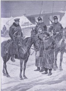 Anholdelse af japanske spioner opdaget som kulier, illustration fra Cassells History of the Russo-Japanese War Vol 1, ca. 1900 af Richard Caton Woodville