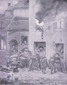I greb med fjenden: Hus til hus-kampe ved Ypres, fra History of the Great War Vol 3 udgivet af Waverley Book Co Limited, ca. 1920 af Richard Caton Woodville