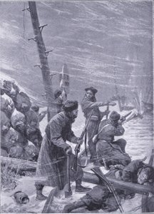Chunchuses angreb på jernbanen, illustration fra Cassells History of the Russo-Japanese War Vol 1, ca. 1900 af Richard Caton Woodville