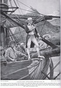 Kaptajn Cook nærmer sig New Zealand, illustration fra 