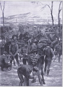 Japansk kavalerilejr i Seoul: Beslagsmeder på arbejde, illustration fra Cassells History of the Russo-Japanese War Vol 1, ca. 1900 af Richard Caton Woodville