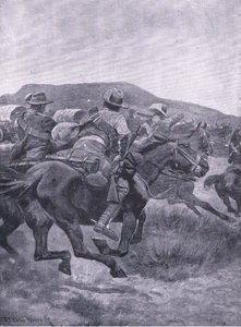 Yeomanry angriber De Wets bagtrop og transport, fra After Pretoria: The Guerilla War udgivet af Harmsworth Bros Limited, 1901 af Richard Caton Woodville