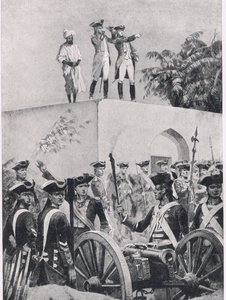 Slaget ved Plassey, 23. juni 1757: Clive på taget af Nawab Surat-ud-Daulah jagthytte, illustration fra British Battles on Land and Sea, 1915