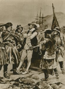 Sir Humphrey Gilbert gør krav på Newfoundland for England (dybtryk) af Richard Caton Woodville junior