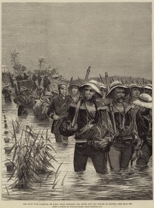 Zulu-krigen, sømænd fra HMS Shah krydser floden for at hjælpe Ekowe af Richard Caton Woodville junior
