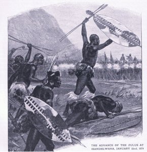 Zuluernes fremmarch ved Isandhlwana 22. januar 1879, illustration fra britiske slag på land og hav, 1915