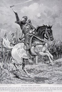 Det første angreb ved Hastings: Taillefer, den minstrel-sværd-jonglør, red fra rækkerne syngende og kastede sit sværd i luften, 1066, illustration fra 