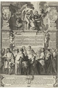 Instelling van de broederschap Militia Angelica af Thomas Aquinas, 1649 Oprindelsen af ​​englemilitsen, den guddommelige Thomas Aquinas; under hans himmelske kyskhedsbælte, indstiftet (titel på objekt) af Richard Collin