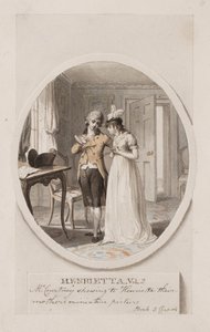 Hr. Courtney viser Henrietta deres mors miniaturebillede, Bog 5, kapitel 4, illustration til en 1798-udgave af "Henrietta" af Charlotte Lennox, ca. 1798 (blyant og wc på papir)