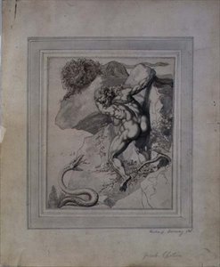 En mand fanget mellem en løve og en slange, ca. 1790 (pen og brunt blæk, grå vask på papir) af Richard Cosway