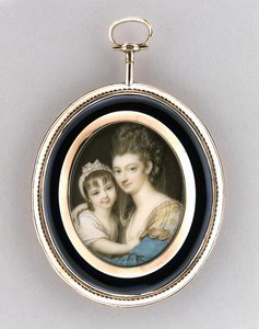 Portræt af en mor og datter, ca. 1765-70 (akvarel på elfenben, 9 karat rosa guld, hår og glas) af Richard Cosway