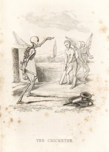 Dødens skelet kaster en bold mod en cricketspiller ved bat., 1827 (gravering)