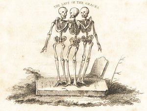 Vignette af tre skeletter på en gravsten., 1827 (gravering)