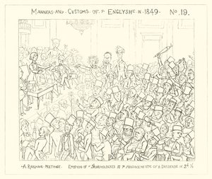 1849, Et jernbanemøde, aktionærernes følelser ved meddelelsen om et udbytte på to og en halv pence af Richard Doyle
